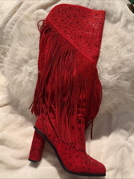 Jessica Simpson Shoes - Jessica Simpson Asire Rhinestone Red Fringe Block Heel Boot SIZE 8